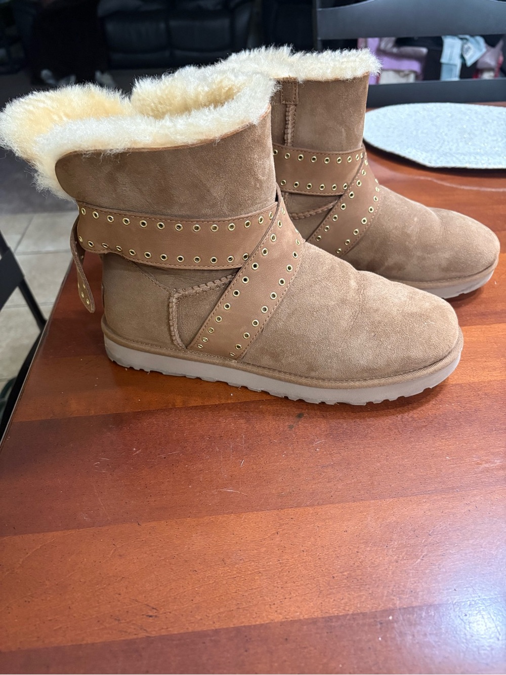 UGG Chestnut Suede Shearling-Lined Ankle Boots with Studded Straps